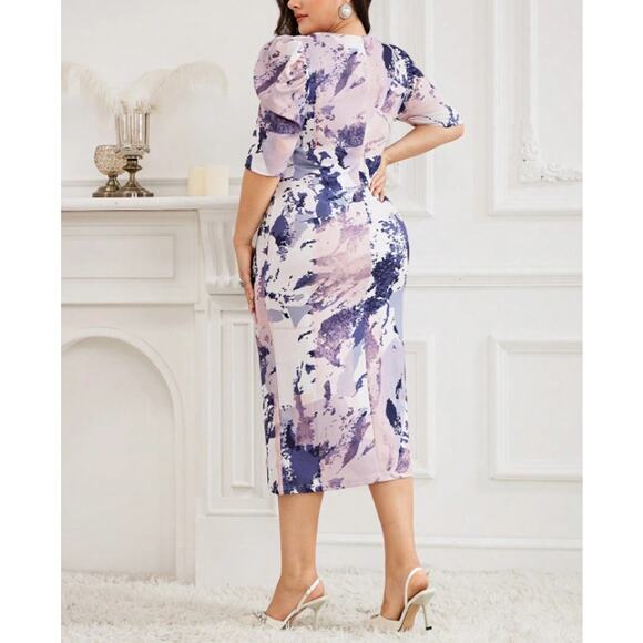 Shein Curve Midi Dress Womens 2XL Pink Blue Abstract Print Puff Sleeve Belted - Picture 3 of 9